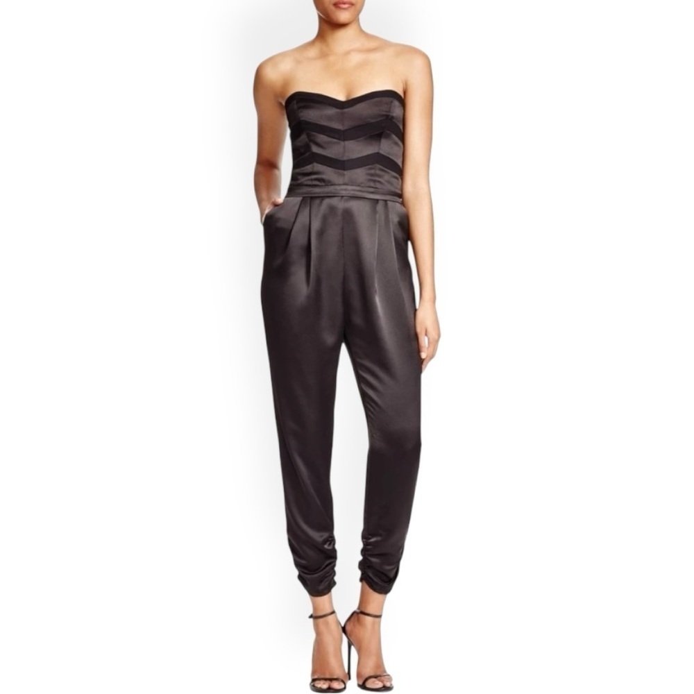 NWT Parker ‘Carmela’ Strapless Striped Satin Jumpsuit in Black Size Medium